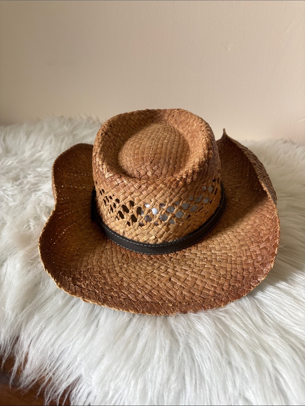 Woven Straw Western Hat with Decorative Band - Brown - Picture 2 of 9